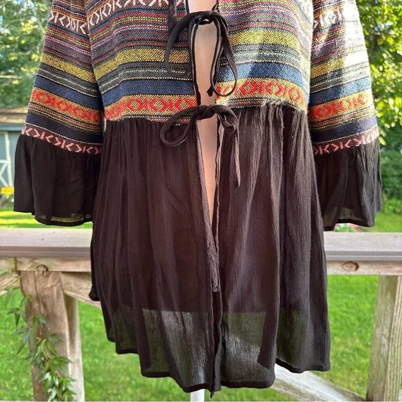 Anthropologie Pleione Boho Tribal Cardigan Jacket Tie Bell Sleeve XS - Picture 5 of 10